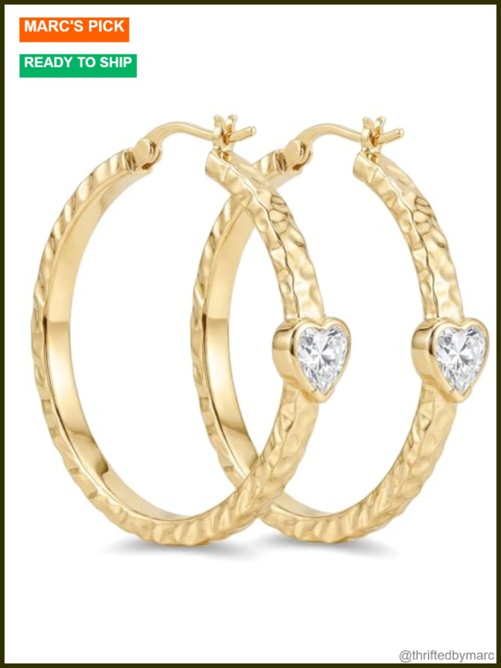 14k Gold Plated Heart CZ Hoop Earrings Hand-Hammered Texture